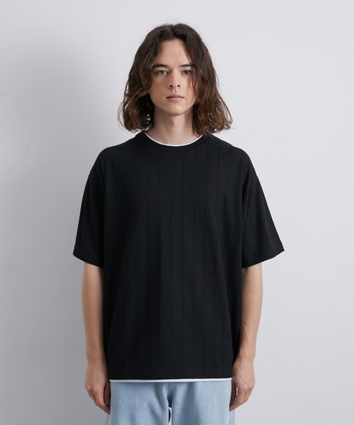 JUNRED（ジュンレッド）の「ストライプ梨地フェイクレイヤードTシャツ（Tシャツ/カットソー・メンズ・ブラック/モスグリーン/ブルー・L/LL/M）」の10枚目の写真