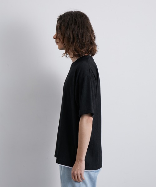JUNRED（ジュンレッド）の「ストライプ梨地フェイクレイヤードTシャツ（Tシャツ/カットソー・メンズ・ブラック/モスグリーン/ブルー・L/LL/M）」の11枚目の写真
