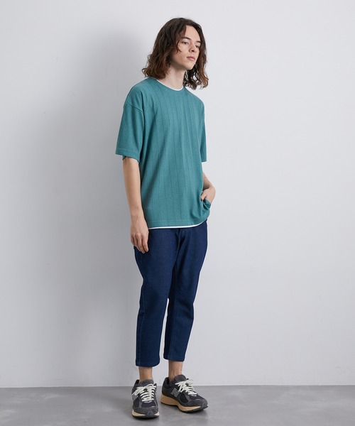 JUNRED（ジュンレッド）の「ストライプ梨地フェイクレイヤードTシャツ（Tシャツ/カットソー・メンズ・ブラック/モスグリーン/ブルー・L/LL/M）」の21枚目の写真