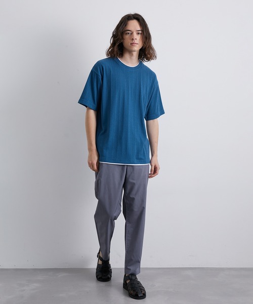 JUNRED（ジュンレッド）の「ストライプ梨地フェイクレイヤードTシャツ（Tシャツ/カットソー・メンズ・ブラック/モスグリーン/ブルー・L/LL/M）」の22枚目の写真
