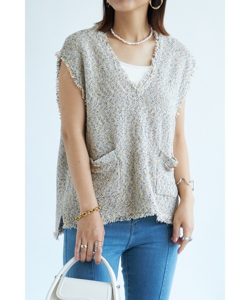 each（イーチ）の「ツイードニットベスト（ベスト・レディース・ブラック/ベージュ/キナリ/グレー・FREE）」の4枚目の写真