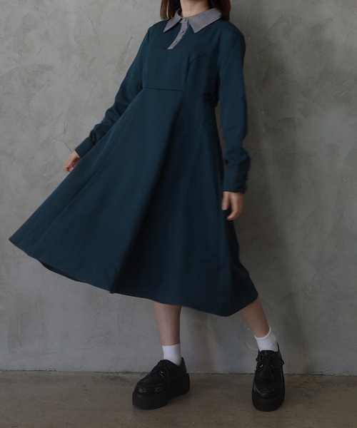 ⭐︎ののはな⭐︎45R インディゴ抜染ワンピース　ネイビー セール】婦人 綿ボイル インディゴ染め長袖ワンピース（ワンピース