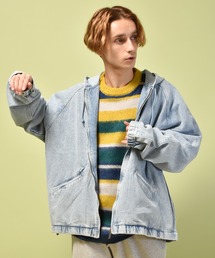 Starting Over | デニム ヴィンテージウォッシュ ケミカル加工 ジップパーカー ドロップショルダー/レディース メンズ(デニムジャケット)