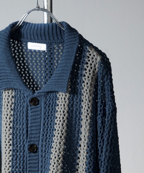 NILWAY(ニルウェイ)の「ストライプラインクルーネックカーディガン(カーディガン/ボレロ・メンズ・アイボリー/ブラック/ブルー・MEDIUM/LARGE)」の6枚目の写真