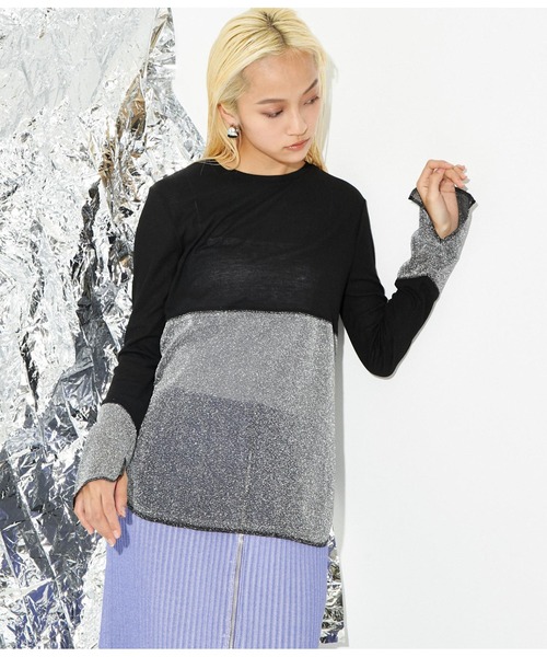 Settimissimo（セッティミッシモ）の「裾ラメ切替 シアー プルオーバー ロンT（Tシャツ/カットソー・レディース・ブラック/オフホワイト・M）」の12枚目の写真