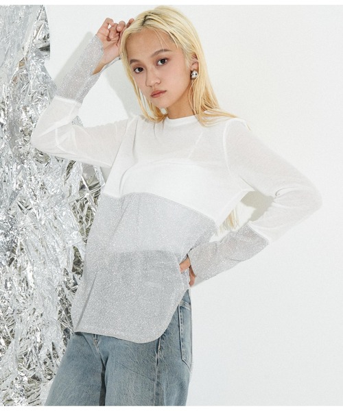 Settimissimo（セッティミッシモ）の「裾ラメ切替 シアー プルオーバー ロンT（Tシャツ/カットソー・レディース・ブラック/オフホワイト・M）」の6枚目の写真