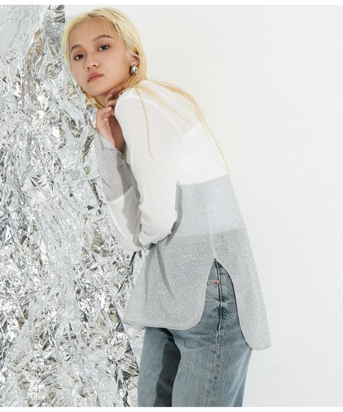 Settimissimo（セッティミッシモ）の「裾ラメ切替 シアー プルオーバー ロンT（Tシャツ/カットソー・レディース・ブラック/オフホワイト・M）」の7枚目の写真