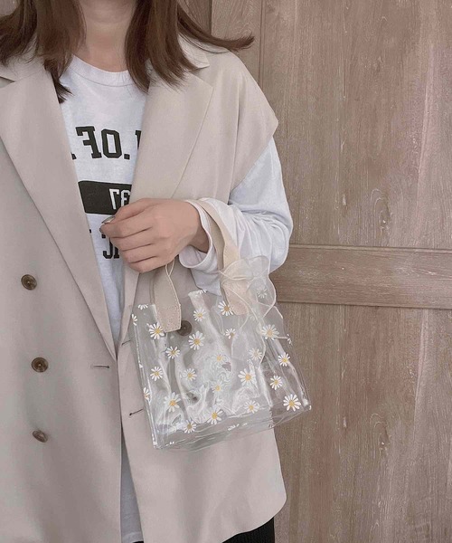 Mignonjour(ミニョンジュール)の「Mignonjour/デイジー柄クリアバッグ(小)M2298(トートバッグ・レディース・ベージュ/ベージュ系その他/ピンク・FREE)」の3枚目の写真
