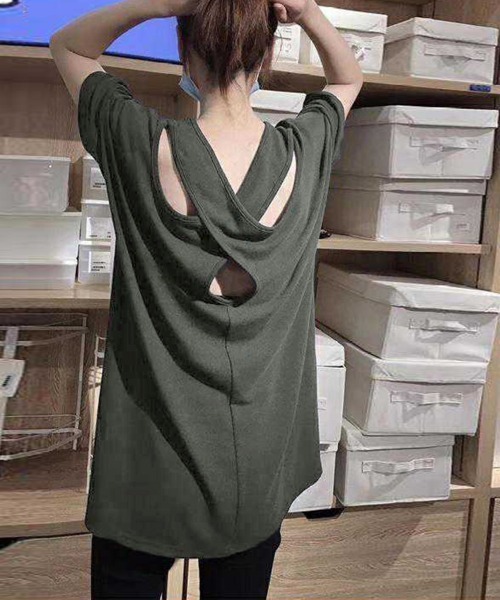 Miniministore(ミニミニストア)の「バッククロス tシャツカットソーロング丈(Tシャツ/カットソー・レディース・ホワイト/ブラック/グレー・FREE)」の3枚目の写真