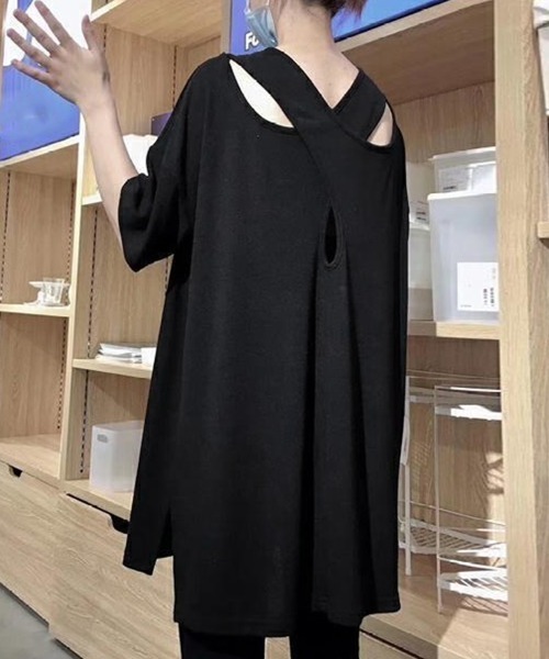Miniministore(ミニミニストア)の「バッククロス tシャツカットソーロング丈(Tシャツ/カットソー・レディース・ホワイト/ブラック/グレー・FREE)」の2枚目の写真