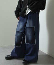パッチワーク ストレート ワイド デニムパンツ