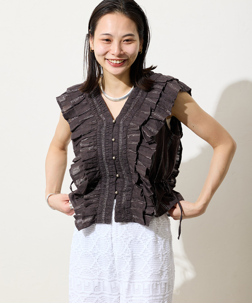 極美品ꕥサラマリカ ルレックストライプシャーリングフリルトップ 2024 極美品ꕥサラマリカ 2024 ルレックストライプシャーリングフリル