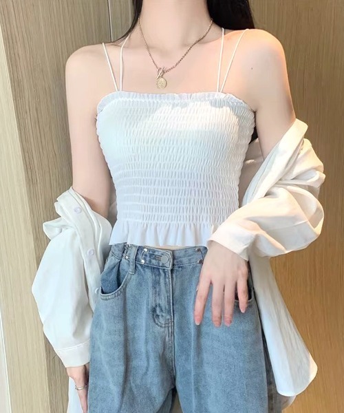REMUR(レミュール)の「カップ付きシャーリングキャミソール ダブルストラップ(キャミソール・レディース・ピンクベージュ/カーキ/ホワイト/ブラック・FREE)」の10枚目の写真