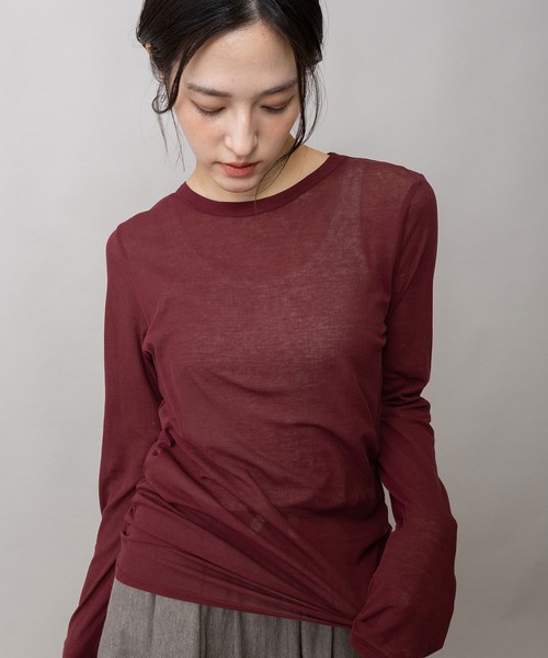 Munich(ミューニック)の「シアーストレッチリブクルーネックプルオーバー(Tシャツ/カットソー・レディース・ブラック/グレイッシュベージュ/ブルー/ホワイト/ブラック×ホワイト/ダークグレー/ボルドー/ブルーグレー・FREE)」の8枚目の写真