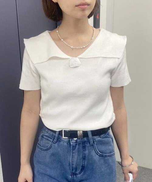 mebole(メボレ)の「フレンチカラーroseトップス(Tシャツ/カットソー・レディース・グレー/ホワイト/ブラック・FREE)」の4枚目の写真