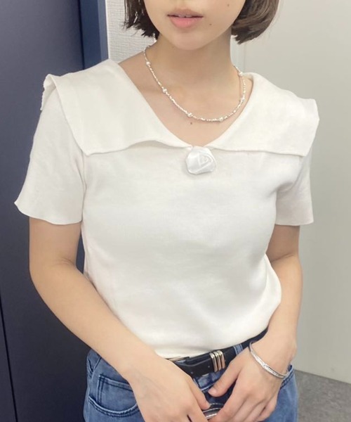 mebole(メボレ)の「フレンチカラーroseトップス(Tシャツ/カットソー・レディース・グレー/ホワイト/ブラック・FREE)」の5枚目の写真