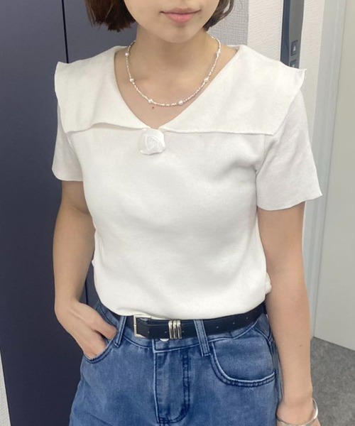 mebole(メボレ)の「フレンチカラーroseトップス(Tシャツ/カットソー・レディース・グレー/ホワイト/ブラック・FREE)」の6枚目の写真