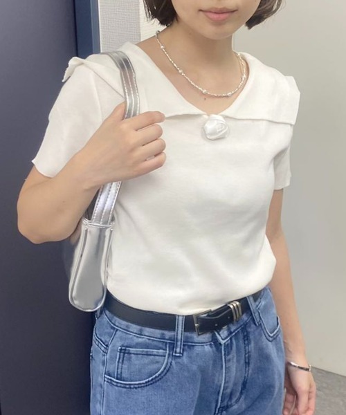 mebole(メボレ)の「フレンチカラーroseトップス(Tシャツ/カットソー・レディース・グレー/ホワイト/ブラック・FREE)」の7枚目の写真
