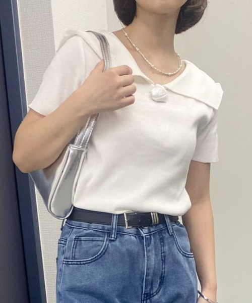 mebole(メボレ)の「フレンチカラーroseトップス(Tシャツ/カットソー・レディース・グレー/ホワイト/ブラック・FREE)」の8枚目の写真