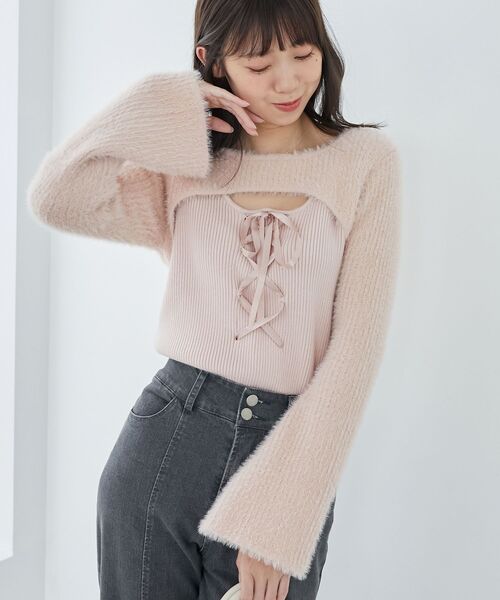 MAJESTIC LEGON（マジェスティックレゴン）の「デコルテオープンレースアップニット（ニット/セーター・レディース・チャコールグレー/アイボリー/ピンク/ボルドー/ブラック・MEDIUM）」の4枚目の写真