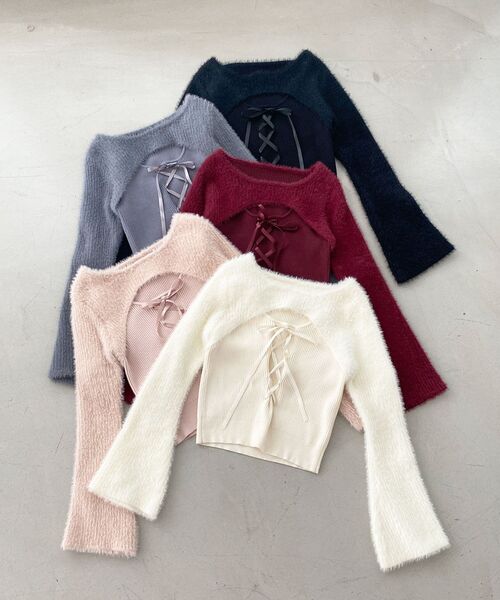 MAJESTIC LEGON（マジェスティックレゴン）の「デコルテオープンレースアップニット（ニット/セーター・レディース・チャコールグレー/アイボリー/ピンク/ボルドー/ブラック・MEDIUM）」の6枚目の写真