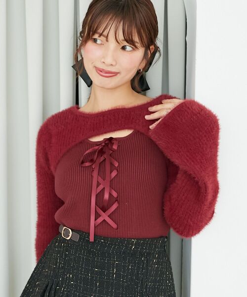 MAJESTIC LEGON（マジェスティックレゴン）の「デコルテオープンレースアップニット（ニット/セーター・レディース・チャコールグレー/アイボリー/ピンク/ボルドー/ブラック・MEDIUM）」の9枚目の写真