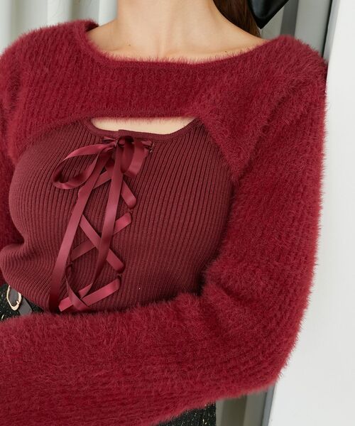 MAJESTIC LEGON（マジェスティックレゴン）の「デコルテオープンレースアップニット（ニット/セーター・レディース・チャコールグレー/アイボリー/ピンク/ボルドー/ブラック・MEDIUM）」の12枚目の写真