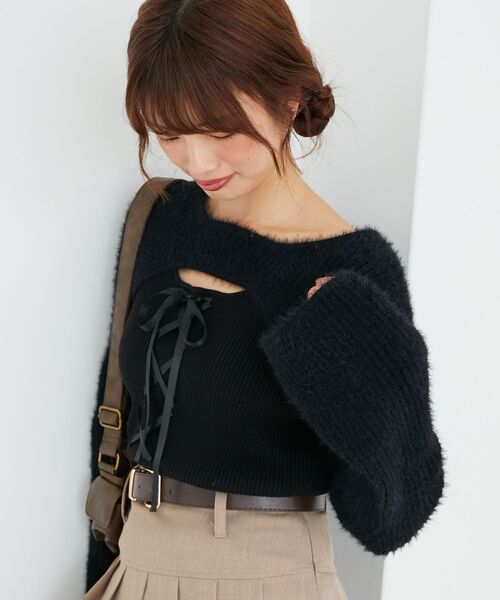 MAJESTIC LEGON（マジェスティックレゴン）の「デコルテオープンレースアップニット（ニット/セーター・レディース・チャコールグレー/アイボリー/ピンク/ボルドー/ブラック・MEDIUM）」の18枚目の写真