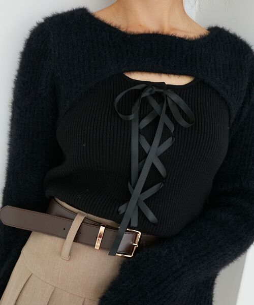 MAJESTIC LEGON（マジェスティックレゴン）の「デコルテオープンレースアップニット（ニット/セーター・レディース・チャコールグレー/アイボリー/ピンク/ボルドー/ブラック・MEDIUM）」の20枚目の写真