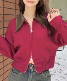 LADY LIKE（レディライク）の「フェイクレザー切替え衿ダブルジップニット（ニット/セーター）」
