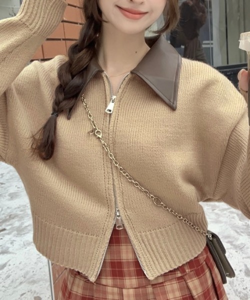 80s raika レザー切り替えジップニット LADY LIKE（レディライク）の「フェイクレザー切替え衿ダブルジップ