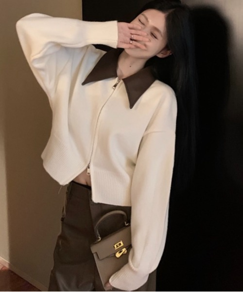 セール】フェイクレザー切替え衿ダブルジップニット（ニット/セーター