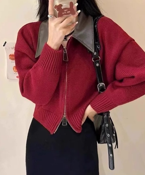 A FERRETTI 売れ筋商品|||アルベルタ フェレッティ ニット&セーター アウター レディース Sweaters Red セール】フェイクレザー切替え衿ダブルジップニット（ニット