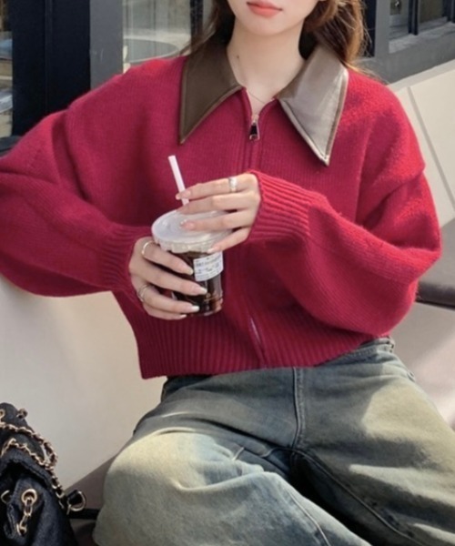 セール】フェイクレザー切替え衿ダブルジップニット（ニット/セーター
