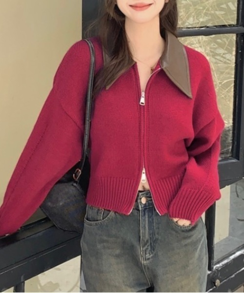 セール】フェイクレザー切替え衿ダブルジップニット（ニット/セーター