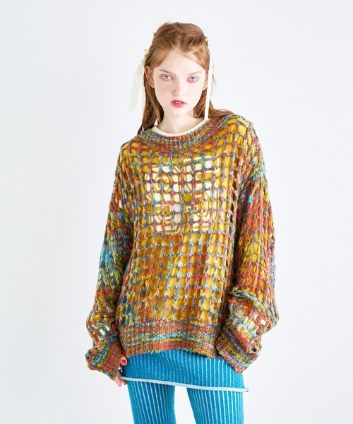 セール】MIXカラー メッシュニットクルーネックプルオーバー（ニット