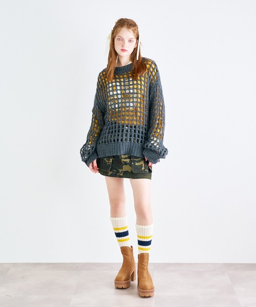 セール】MIXカラー メッシュニットクルーネックプルオーバー（ニット