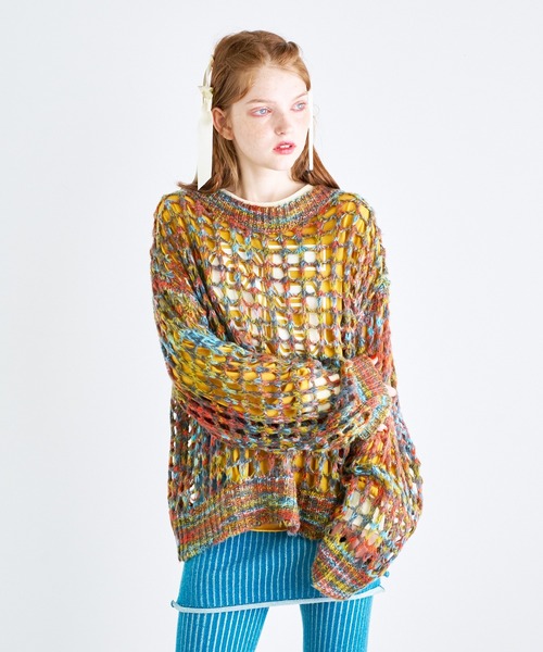 ANNA SUI NYC（アナ スイ エヌ ワイ シー）の「MIXカラー メッシュニットクルーネックプルオーバー（ニット/セーター・レディース・サックスブルー/オレンジ/ブラック・FREE）」の8枚目の写真