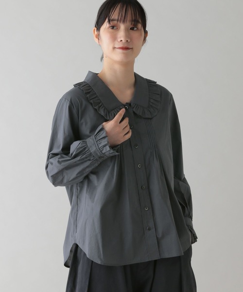 CELINEフリルラウンドカラーブラウス コットンポプリン セール】《natural by clip》ポプリンフリルカラーブラウス（シャツ