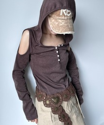 Y2K SYNAPSE FACTORY | 【フード付き】肩スリットロングスリーブTシャツ(Tシャツ/カットソー)