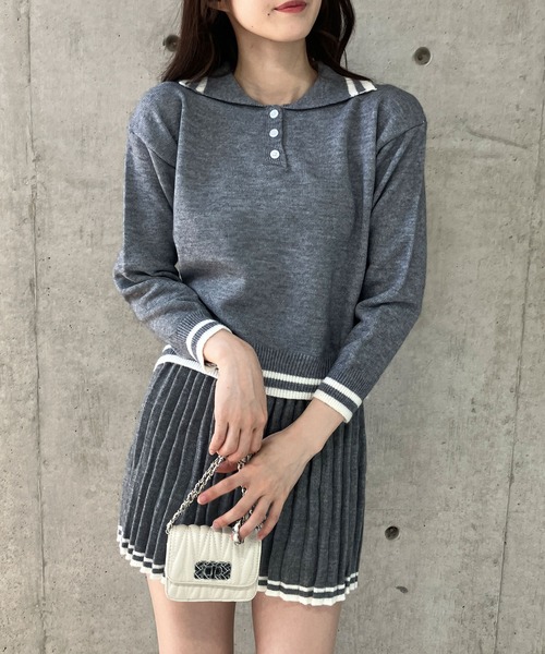 セール】配色ジャガードポロ衿ニット×プリーツミニスカート