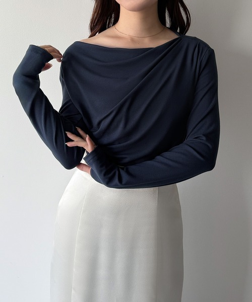 mipiarl（ミピアール）の「薄手ドレープトップス（Tシャツ/カットソー・レディース・ブラック/杢グレー/ホワイト/ピンク/チャコール/グレイッシュベージュ/クリーム/ネイビー/ピンクベージュ/ブラウン・SMALL/MEDIUM/LARGE/X-LARGE）」の8枚目の写真