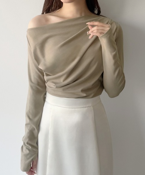 mipiarl（ミピアール）の「薄手ドレープトップス（Tシャツ/カットソー・レディース・ブラック/杢グレー/ホワイト/ピンク/チャコール/グレイッシュベージュ/クリーム/ネイビー/ピンクベージュ/ブラウン・SMALL/MEDIUM/LARGE/X-LARGE）」の7枚目の写真