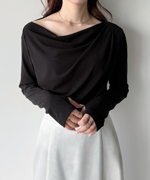 mipiarl（ミピアール）の「薄手ドレープトップス（Tシャツ/カットソー・レディース・ブラック/杢グレー/ホワイト/ピンク/チャコール/グレイッシュベージュ/クリーム/ネイビー/ピンクベージュ/ブラウン・SMALL/MEDIUM/LARGE/X-LARGE）」の16枚目の写真