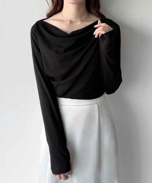 mipiarl（ミピアール）の「薄手ドレープトップス（Tシャツ/カットソー・レディース・ブラック/杢グレー/ホワイト/ピンク/チャコール/グレイッシュベージュ/クリーム/ネイビー/ピンクベージュ/ブラウン・SMALL/MEDIUM/LARGE/X-LARGE）」の18枚目の写真