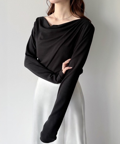 mipiarl（ミピアール）の「薄手ドレープトップス（Tシャツ/カットソー・レディース・ブラック/杢グレー/ホワイト/ピンク/チャコール/グレイッシュベージュ/クリーム/ネイビー/ピンクベージュ/ブラウン・SMALL/MEDIUM/LARGE/X-LARGE）」の19枚目の写真