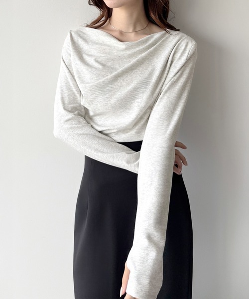 mipiarl（ミピアール）の「薄手ドレープトップス（Tシャツ/カットソー・レディース・ブラック/杢グレー/ホワイト/ピンク/チャコール/グレイッシュベージュ/クリーム/ネイビー/ピンクベージュ/ブラウン・SMALL/MEDIUM/LARGE/X-LARGE）」の20枚目の写真