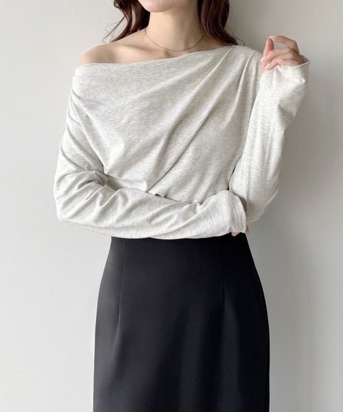 mipiarl（ミピアール）の「薄手ドレープトップス（Tシャツ/カットソー・レディース・ブラック/杢グレー/ホワイト/ピンク/チャコール/グレイッシュベージュ/クリーム/ネイビー/ピンクベージュ/ブラウン・SMALL/MEDIUM/LARGE/X-LARGE）」の21枚目の写真