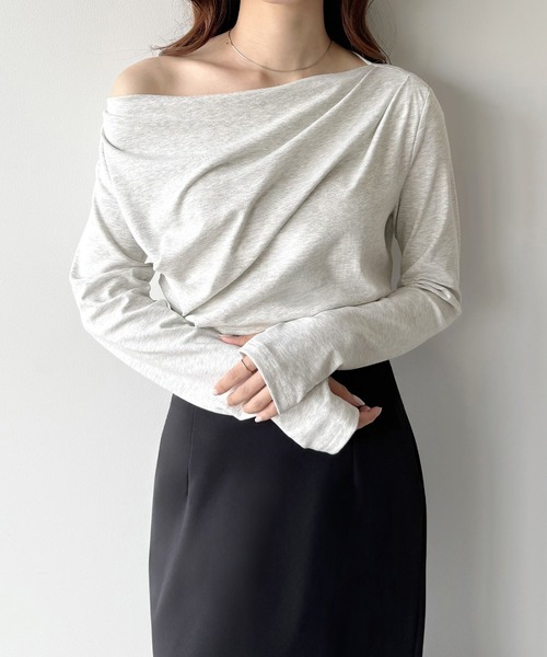 mipiarl（ミピアール）の「薄手ドレープトップス（Tシャツ/カットソー・レディース・ブラック/杢グレー/ホワイト/ピンク/チャコール/グレイッシュベージュ/クリーム/ネイビー/ピンクベージュ/ブラウン・SMALL/MEDIUM/LARGE/X-LARGE）」の22枚目の写真