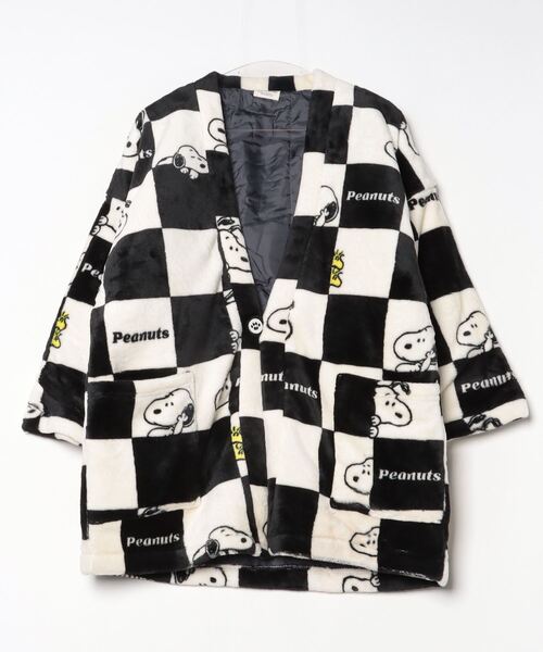 PEANUTS（ピーナッツ）の「PEANUTS SNOOPY（ピーナッツ スヌーピー）キャラクターぼあもこボアフリース起毛総柄半纏/ちゃんちゃんこ（ガウン/バスローブ・メンズ・ホワイト系その他/ベージュ/チャコールグレー/ホワイト×ブラック・FREE）」の2枚目の写真